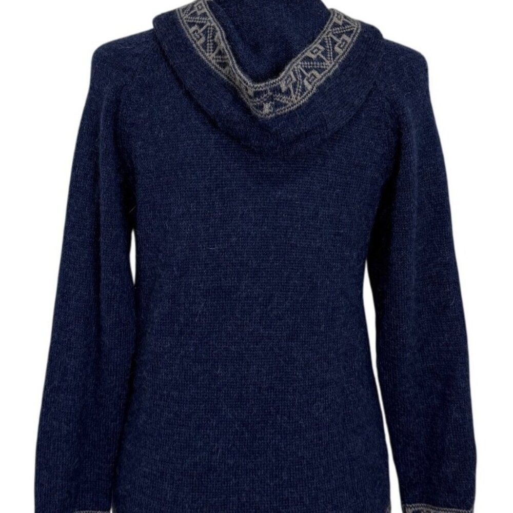 Manos Comunidad Baby Alpaca Knit Hoodie Tassel Aztec Sweater Blue Womens Size S - Picture 3 of 6